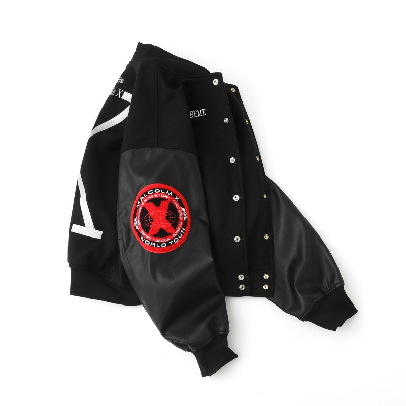 Supreme x 40 Acres SS25 WEEK9 Malcolm X Varsity Jacket ラウンド型プラッシュロゴ カジュアルアメリカントレンドジャケット ユニセックス ルーズバージョン