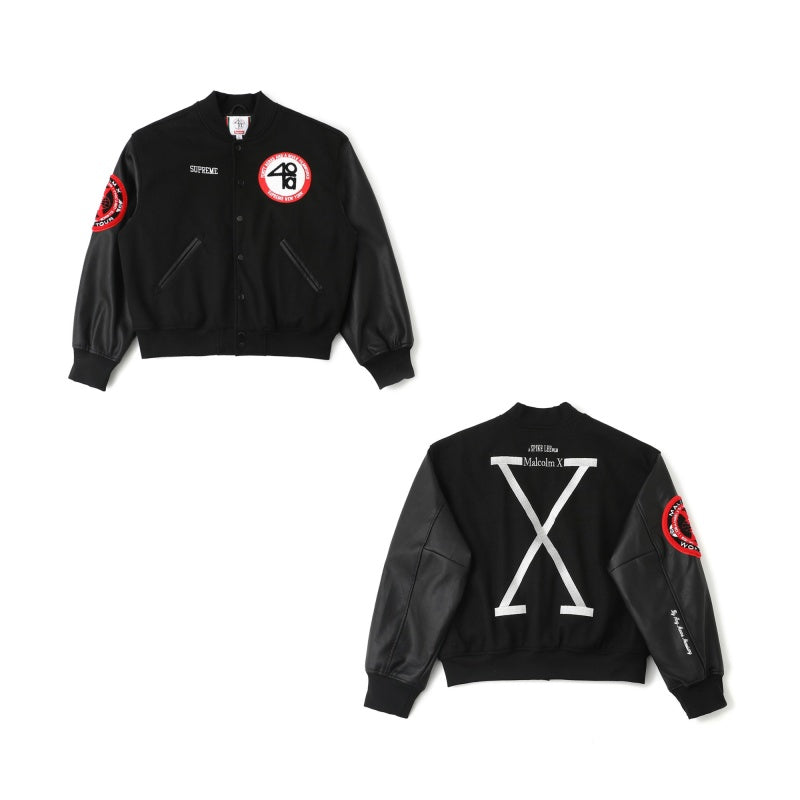 Supreme x 40 Acres SS25 WEEK9 Malcolm X Varsity Jacket ラウンド型プラッシュロゴ カジュアルアメリカントレンドジャケット ユニセックス ルーズバージョン