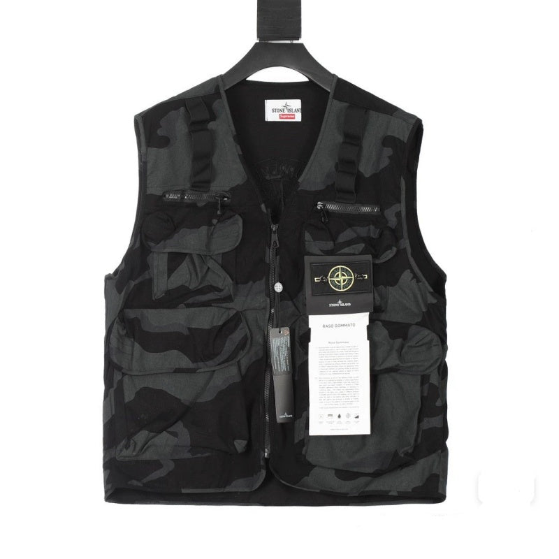 Supreme x Stone Island ジョイント マルチポケット ワークウェアスタイル タクティカルベスト ジッパー カモフラージュ アウトドア 機能性ベスト