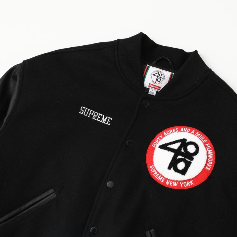 Supreme x 40 Acres SS25 WEEK9 Malcolm X Varsity Jacket ラウンド型プラッシュロゴ カジュアルアメリカントレンドジャケット ユニセックス ルーズバージョン