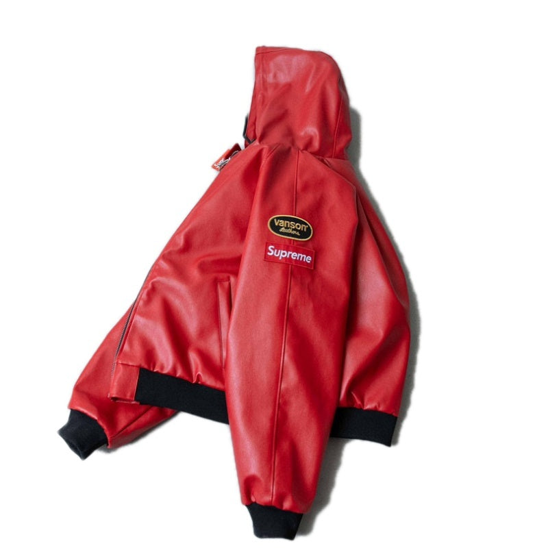 Supreme x Vanson Leathers FW24 ジャケット ロゴ刺繍パッチ ジッパー フード付きレザージャケット Travis Scott と同じスタイル