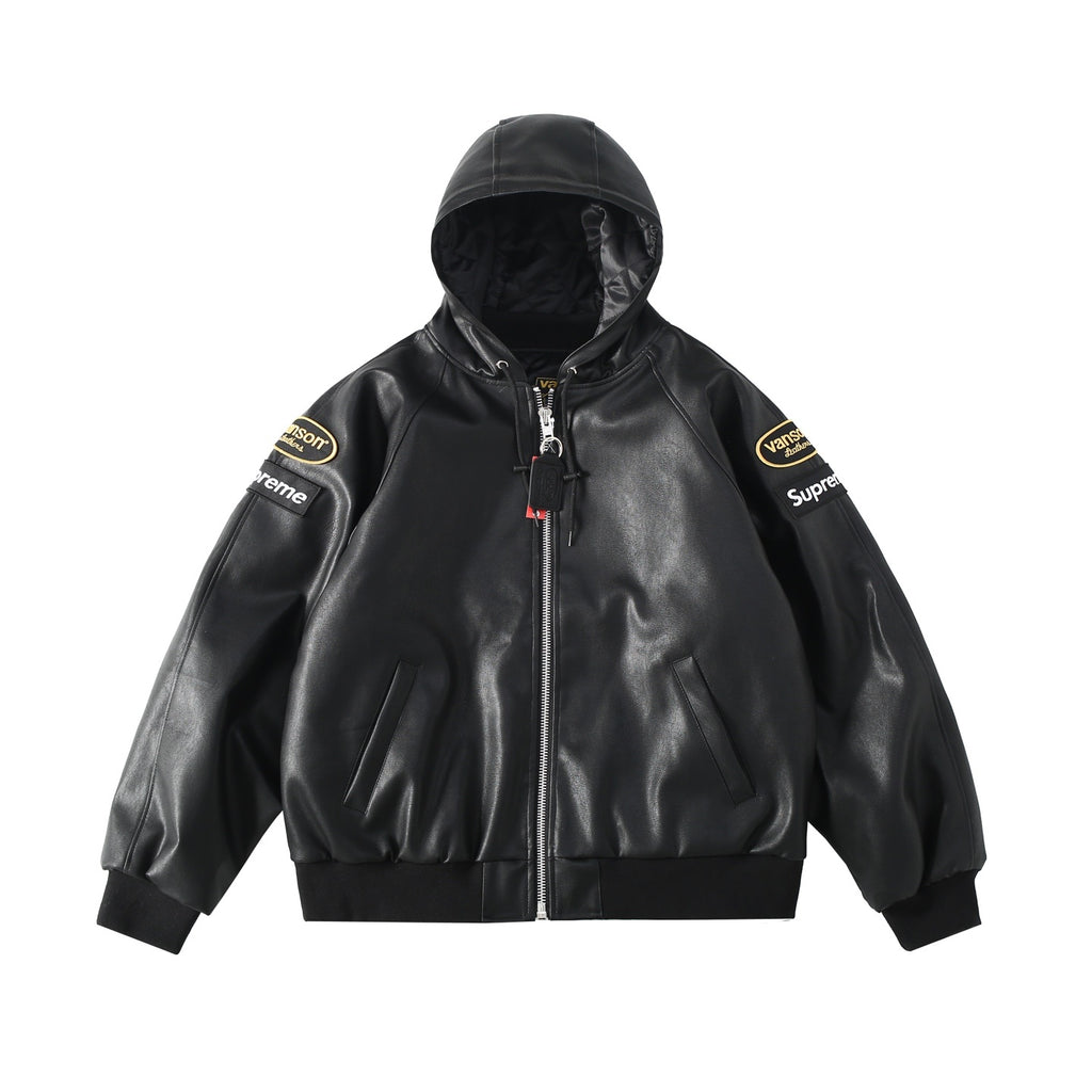 Supreme x Vanson Leathers FW24 ジャケット ロゴ刺繍パッチ ジッパー フード付きレザージャケット Travis Scott と同じスタイル