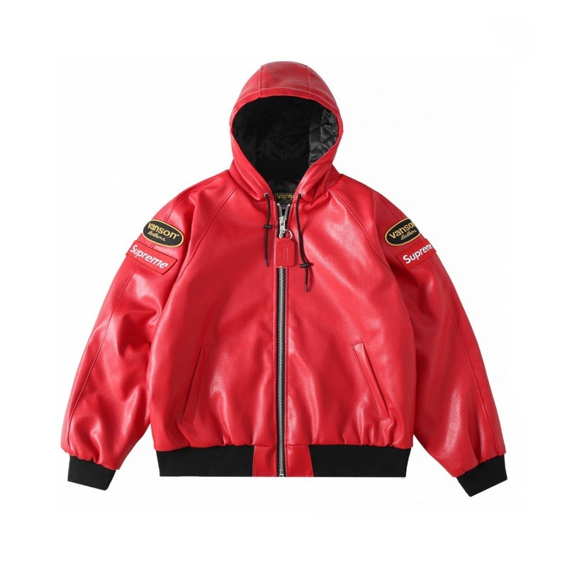 Supreme x Vanson Leathers FW24 ジャケット ロゴ刺繍パッチ ジッパー フード付きレザージャケット Travis Scott と同じスタイル