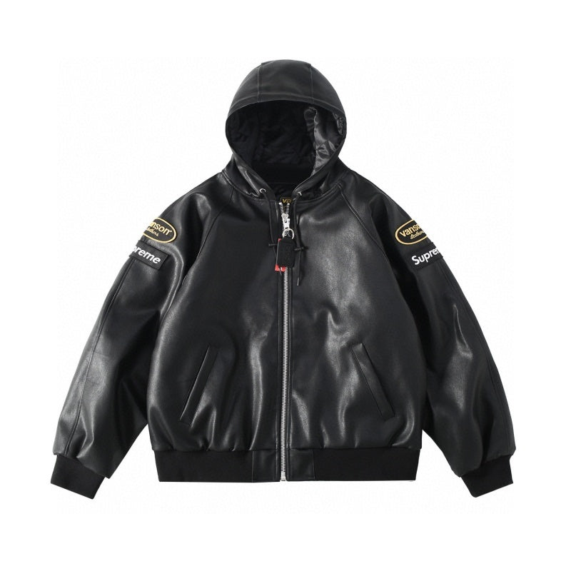 Supreme x Vanson Leathers FW24 ジャケット ロゴ刺繍パッチ ジッパー フード付きレザージャケット Travis Scott と同じスタイル